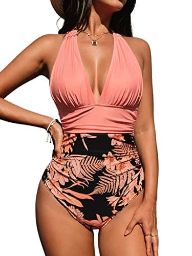 Image of CUPSHE Women Swimsuit One Piece V Neck Halter Backless Ruched Tummy Control Vintage Swimwear Bathing Suit Coral Pink M