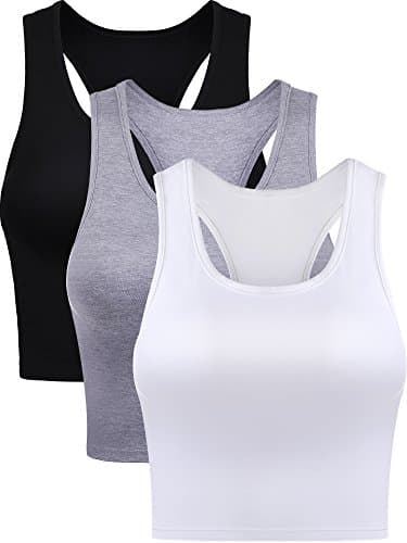Image of 3 Pieces Crop Tops for Women, Workout Tops Basic Cropped Tank Tops Sleeveless Racerback Sports Gym Crop Tank for Teen Girls, Black, White, Grey, XXL