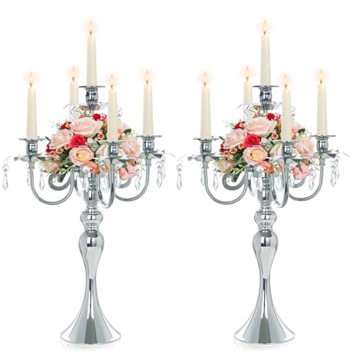 Image of Kolnlala 2 Pcs 20.3'' Tall 5 Arm Silver Candelabra Centerpiece for Table, Metal Crdystal Candle Holder, Retro Candlestick Table Centerpieces for Party, Events, Home, Wedding Decor (2, Silver)
