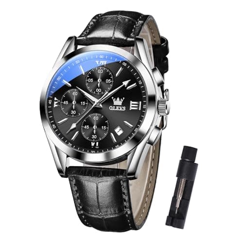 Image of OLEVS Men's Wristwatch Chronograph Quartz Watch Leather Strap Black Dial Waterproof Date Display Luminous Business Watches for Men