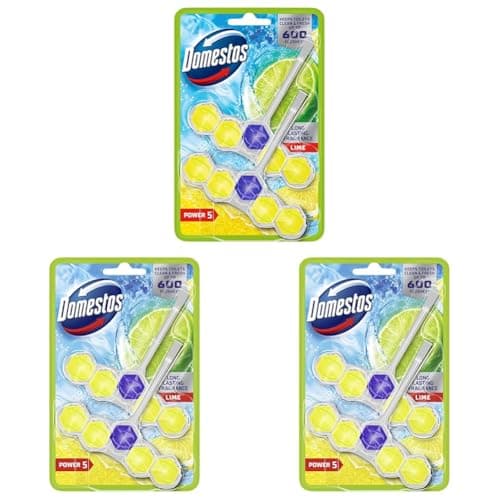 Image of Domestos Power 5 Lime Toilet Rim Blocks toilet freshener with a long-lasting fragrance clean and freshen for up to 300 flushes 2x 50 g (Pack of 3)