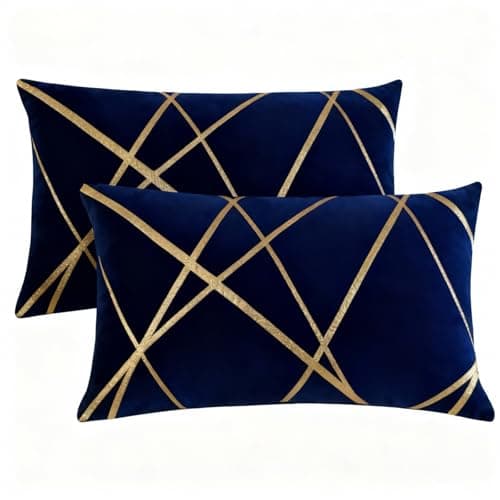 Image of Miuyunya Rectangle Cushion Covers Velvet Decorative 30 x 50 cm Navy Blue Throw Pillow Covers Gold Striped Cushion Case Soft Lumbar Couch Pillowcases for Sofa Living Room Bedroom Sets of 2
