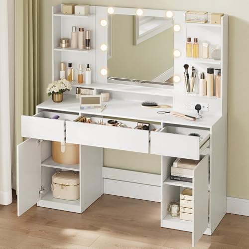 Image of VASAGLE KAILYN Collection - Dressing Table with LED Mirror, Vanity Desk with Power Outlets, 2 Cabinets, 9 Dimmable Bulbs, 3 Light Colours, Toolless Slide Rail Assembly, Cloud White RDT142WB03