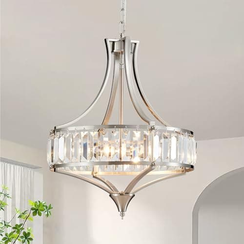 Image of Majhoiw Modern Crystal Chandelier, 4-Light Pendant Light, Height Adjustable 40cm Dia Round Light Fitting in Brushed Nickel for Dining Room, Living Room, Hallway, Foyer