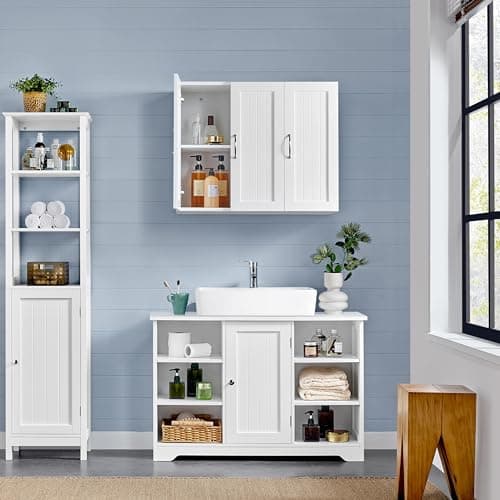 Image of Yaheetech Bathroom Wall Cabinet with 3 Doors, Wall-Mounted Storage Cupboard with Adjustable Shelf, Medicine Storage Cabinet for Kitchen, Living Room and Corridor, 31D x 75W x 60H cm, White