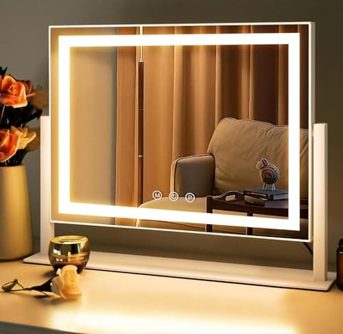 Image of LuxeVue Vanity Mirror with Lights, 40 x 30cm LED Makeup Mirror,Freestanding Light Up Vanity Mirror with 3 Colors Dimmable, Touch Sensor, Round 3.5" 15X Spot Magnifying, 360 Rotation (White)