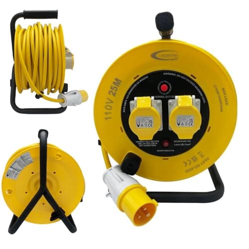 Image of 110V Cable Reel 25m Extension Lead Reel 16 Amp 2 Gang Sockets and Plug, IP44 Rated, Heavy Duty 2.5mm Cable with Thermal Cutout Carry Handle and Power Indicator Light