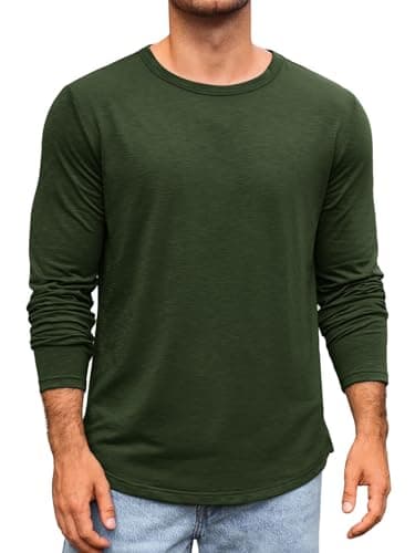 Image of Runcati Men's Long-Sleeved Crew Neck T-Shirt Plain Regular Fit Tops Sports Leisure Shirts Casual Basic Vest, Army Green, L