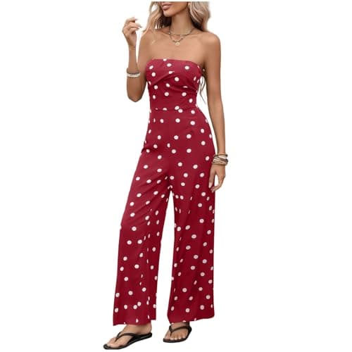Image of Bandeau Jumpsuit for Women Uk Polka Dot Casual Ropmers Wide Leg Trousers Polka Dot Overalls Strapless Harem Pants Ladies Elegant Romper One Piece Playsuits Stretchy with Pocket Party Club Wedding