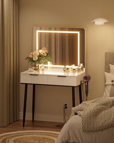 Image of Apetaccat Dressing Table with Mirror, Dressing Tables, Dressing Table with Lighting Color Adjustable, Modern Cosmetic Table with 2 Drawers, White with Black Legs