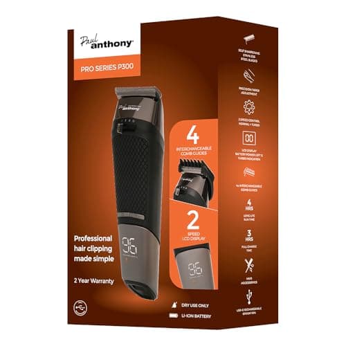 Image of Paul Anthony 'Pro Series P300' USB-C Lithium Cordless Hair Clipper with LCD Display, Precision Taper Control, 4 Combs #1,#2,#3, #4 - H5125