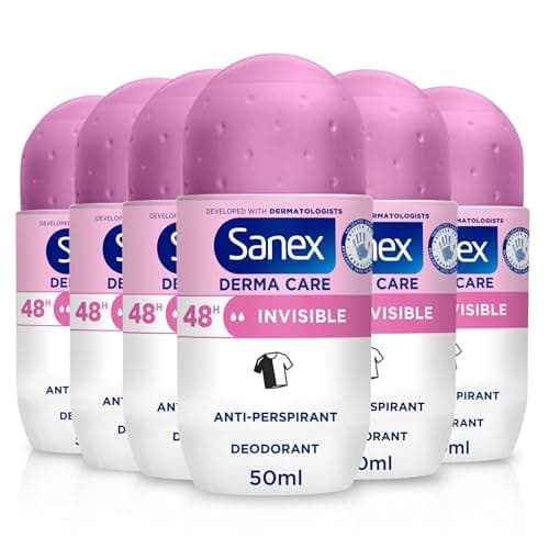 Image of Sanex Derma Care Invisible 48-Hour Antiperspirant Roll-On Deodorant 6x50ml – long-lasting freshness against sweat and odour – gently cares for skin – contains 0% alcohol* – protects against stains