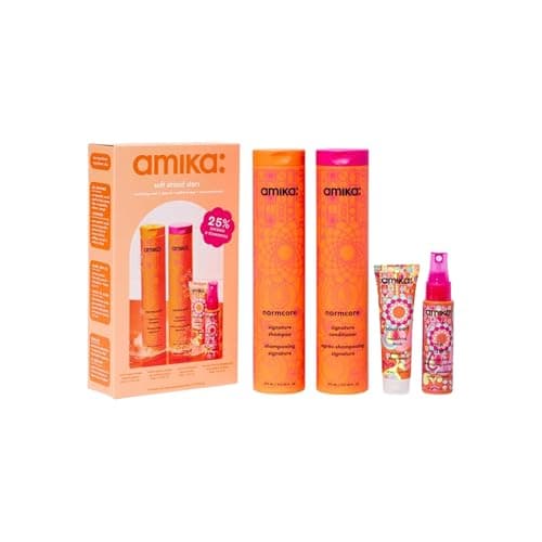 Image of amika soft strand stars nourishing wash + care set - full size normcore signature hair shampoo + conditioner, travel size soulfood hair mask + the wizard silicone-free detangling primer (4 pieces)