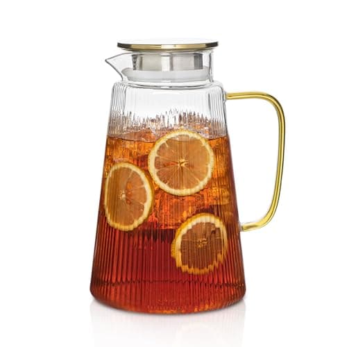 Image of 71oz Ribbed Glass Pitcher with Yellow Handle – Heat-Resistant Carafe with Lid for Hot & Cold Drinks, Iced Tea, Juice, Coffee – Large Borosilicate Water Jug for Home, Kitchen & Tabletop