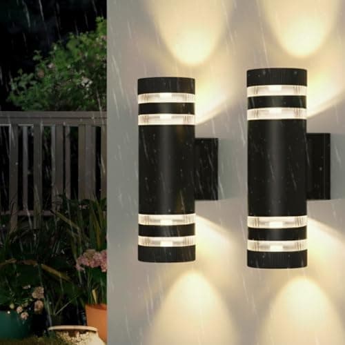 Image of YICALE Outdoor Wall Lights Mains Powered,2PCS LED Up Down Outside Light 3000K IP65 Waterproof Front Door Light,Aluminium GU10 Porch Lights Outdoor Round External Wall Lamp for Terrace,Patio,Garden
