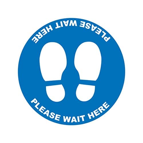 Image of 10 x please wait here blue - social distancing landscape floor safety sign self adhesive vinyl weather proof label sticker - 10cm x 10cm - (SC-40)