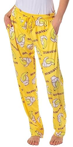 Image of Bananya Women's Bananya Cat and Title All Over Print Lounge Pajama Pants Adult Sleep Bottoms, Yellow, Medium