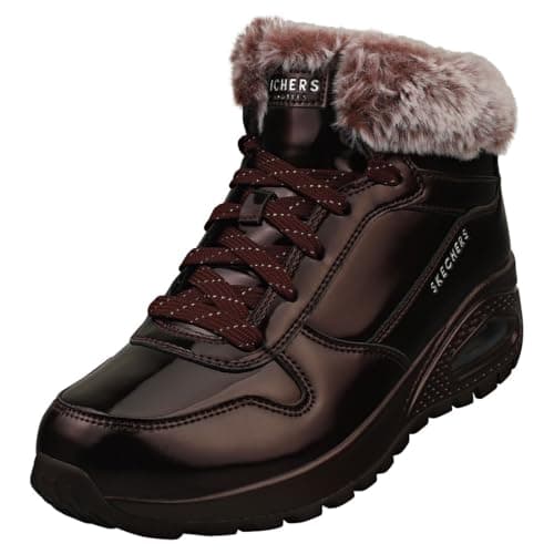 Image of Skechers Women's Uno Rugged Fiesty Winter Sneaker, Burgundy Patent Duraleather/Faux Fur, 7 UK