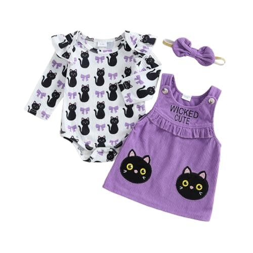 Image of Toddler Baby Girl Halloween Outfits Pumpkin Dress Set Ruffle Long Sleeve Pumpkin Rompers Bodysuits Corduroy Overalls Dresses Headband 3 Pcs Fall Clothes Set (Purple Black Cat, 3-6 Months)