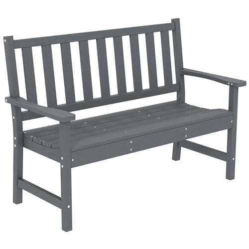Image of Outsunny 2 Seater Plastic Garden Bench, HDPE Weatherproof Patio Bench with Armrest and Backrest, Waterproof Outdoor Furniture with Wood Effect for Garden, Patio, Balcony, Porch, Grey