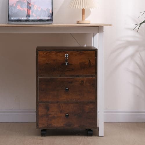 Image of Lockable 3 Drawers File Cabinet Mobile Under Desk Pedestal Beside Cabinet with Wheels Unit Document Storage, Wood Office Printer Stand Table Filing Side Drawers Nightstand (Dark Walnut)