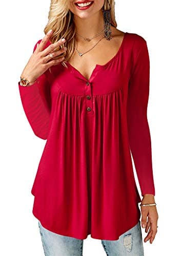 Image of Florboom Ladies Long Sleeve T Shirt V-Neck Casual Loose Tunic Tops Red 12-14