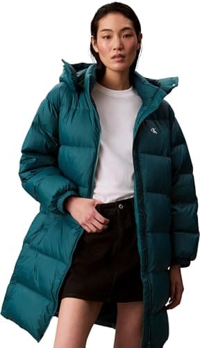 Image of Calvin Klein Women’s Essential Mid Weight Long Puffer Jacket with Hood, Green (Maya Blue), M