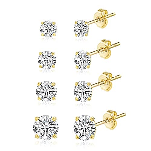 Image of ASH'S CHOICE 925 Sterling Silver Stud Earrings Set 14K Gold Multipack Small Cubic Zirconia Ball Cartilage Studs for Women, 3/4/5/6 mm 4 Pairs