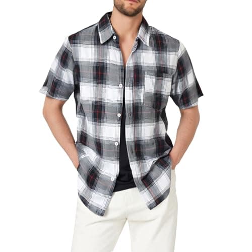 Image of Checked Shirt Mens Short Sleeve Button Down Work Shirts Lightweight Lumberjack Shirts Loose Fit Casual Business Outerwear Lightweight Plaid Summer Shirt with Breast Pocket Regular Beach Tops Black