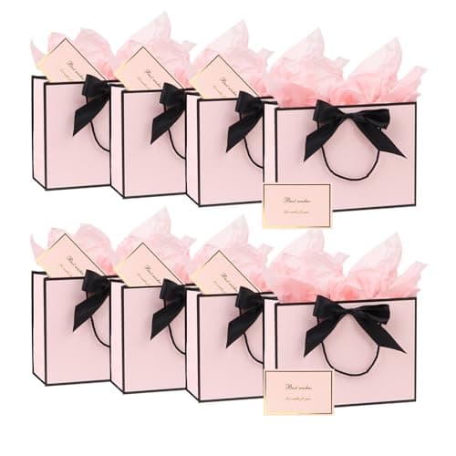 Image of 8Pack Medium Gift Bags with Handle,Bow Ribbon,Tissue Paper and card, 20x28x10cm Thank You Favor Bag for Graduaction Wedding Bridal Birthday Party Baby Shower Valentine Retirement (Pink&Black)