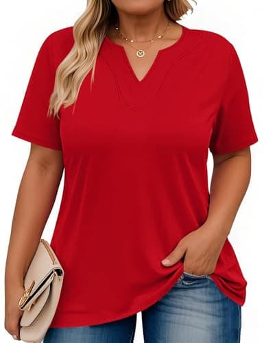 Image of Rapbin Womens Plus Size T Shirts Summer Top Short Sleeve V-Neck Overszied Tee Loose Fit Shirt Casual Tunic 2025 (XXL, Red)