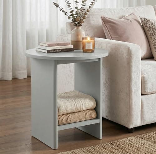 Image of Blisswood Painted Finish Round Side Table, 2 Tier End Coffee Table with Open Shelf, Modern Accent Nightstand for Living Room, Sofa Lamp Stand Bedside Table for Small Spaces, Bedroom Home Office, Grey