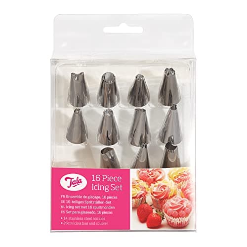 Image of Tala 16 Piece Icing Set with 14 Stainless Steel Nozzles, 26cm Icing Bag and a Coupler. Perfect for al Styles of Icing and Great for Piping Food