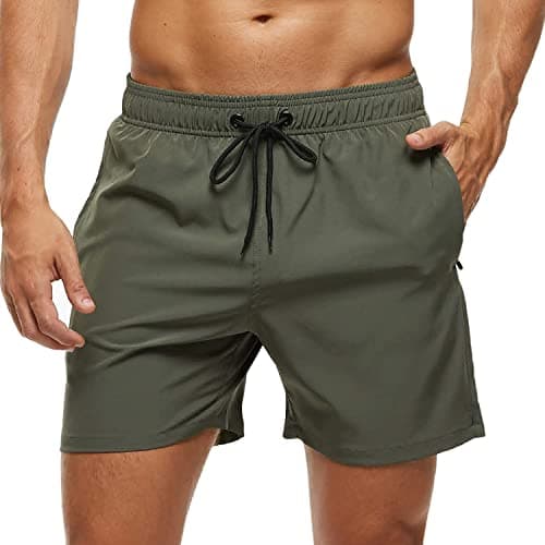 Image of Arcweg Men's Swimming Shorts Mens Swim Trunks with Zipper Pockets Swim Shorts Mesh Lining Stretchy Board Shorts Surfing Beach Shorts Quick Dry Army Green L(UK)