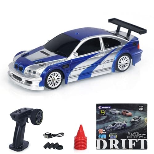 Image of wheelfun 1/43 Scale RC Drift Race Vehicle Upgraded Gyro Version 4WD Ready to Go Small Toy Car Mini Car High Speed Model for Hobby Collection Gift Boys Ages 14+(Blue and Silver)