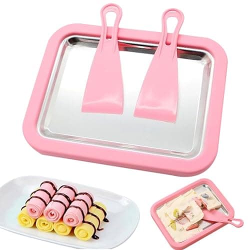 Image of Ice Cream Roller Maker, Mini Freezable Roll Plate Stainless Steel Ice Cream Roller Pan with 2 Scrapers DIY Instant IceCream Maker for Rolled IceCream, Sorbet, Yogurt, Gelato (Pink)