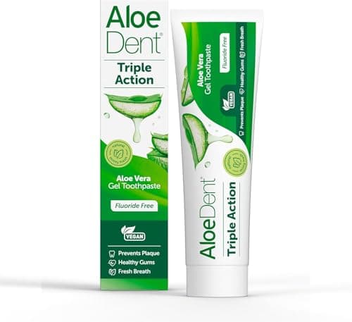 Image of Aloe Dent - Triple Action Aloe Vera Gel Toothpaste - Fluoride Free - Prevents Plaque, Supports Healthy Gums & Freshens Breath - Vegetarian, Cruelty & SLS Free - 100ml - 3 Pack