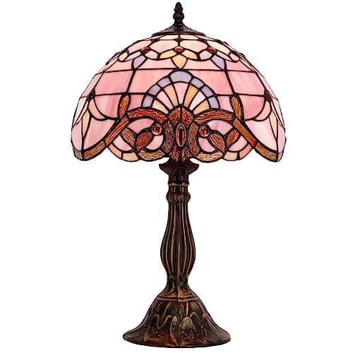 Image of WERFACTORY Tiffany Lamp Stained Glass Table Lamp 12X12X18 Inch Pink Baroque Style Lavender Bedside Reading Desk Light Decor Bedroom Living Room Home Office S003P Series
