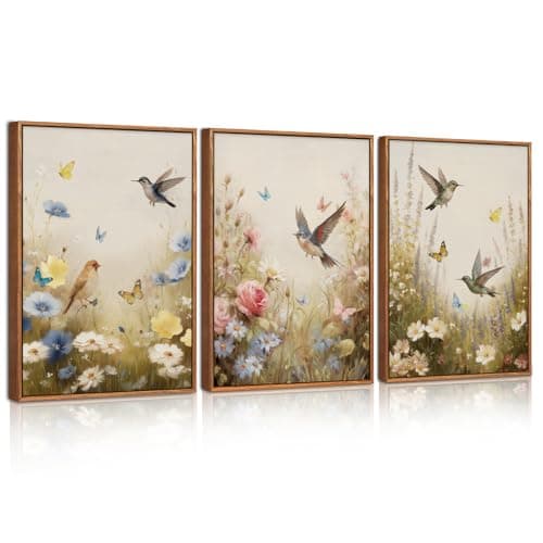 Image of Celestdeco Floral Bird Framed Canvas Wall Art Set of 3, Vintage Garden Wall Decor, Nature Wildflower and Bird Wall Painting, Botanical Flower Decorations for Dining Room Bedroom Decor 30x40cm
