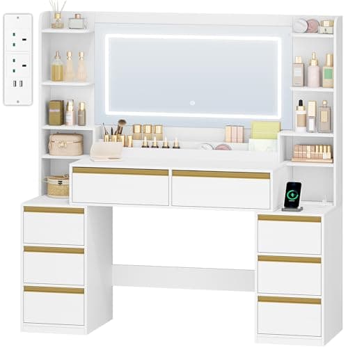 Image of HEXCELEN 135 cm Dressing Table with Mirror, Vanity Desk, Adjustable 3-Colour LED Lights, Dressing Table with Plug, Hairdryer Holder, 8 Drawers, Open Storage Spaces, Modern, White-Gold