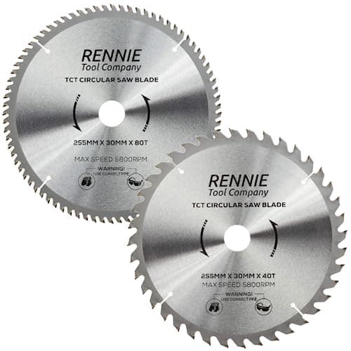 Image of 2 Pack - Rennie Tools - 255mm x 40T & 80T x 30mm Bore TCT Circular Wood Saw Blade Includes 25mm 20mm & 16mm Bore Reduction Rings. Compatible with Bosch Makita Dewalt Circular Saw Etc