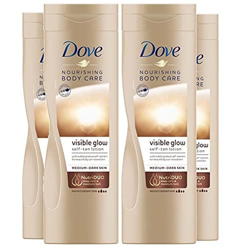 Image of 4 Pack Dove Visible Glow Self Tan Lotion Medium to Dark for Gradual Skin Tone, 400ml