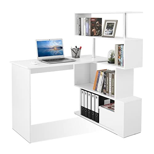 Image of Mondeer Computer Desk, Corner Desk with 4-Tier Storage Bookshelves Rotatable, Space Saving for Home Office Writing Workstation, White