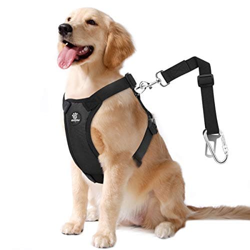 Image of VavoPaw Dog Vehicle Safety Vest Harness, Adjustable Soft Padded Mesh Car Seat Belt Leash Harness with Carabiner and Travel Strap for Most Cars, Size Large, Black