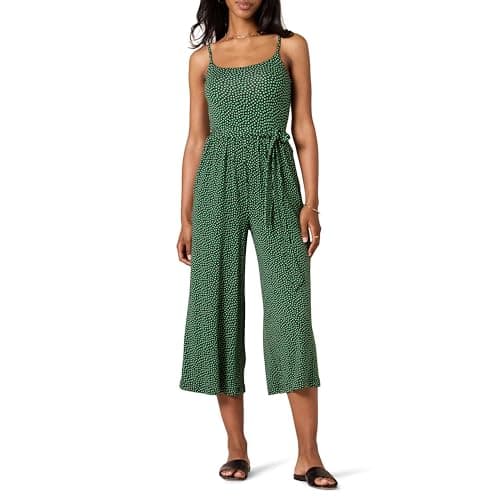 Image of Amazon Essentials Women's Jersey Cami Cropped Wide Leg Jumpsuit, Green Floral, XL