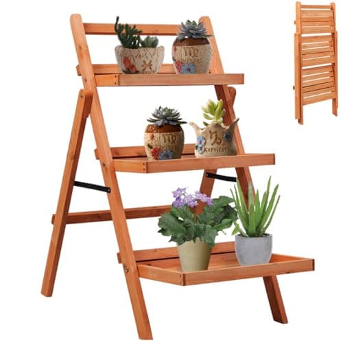 Image of TANGZON 3 Tier Foldable Plant Stand, Wooden Ladder Plant Shelf Holder, Indoor Outdoor Corner Flower Pot Display Rack Shelving Unit for Garden Patio Balcony Living Room Office (Fir Wood, Natural)