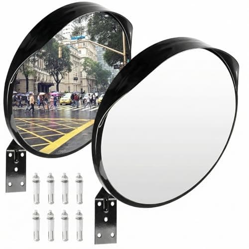 Image of QWORK® Pack of 2 Convex Traffic Mirror with Wall Mount Bracket, Wide Angle Safety Mirror for Driveways, Warehouses, Garages, Office (30 cm / 12”)