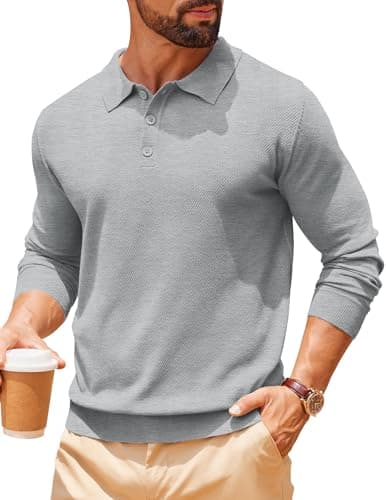 Image of COOFANDY Men's Long Sleeve Knit Polo Sweater Slim Fit Stretch Warm Polo Shirt Light Grey L