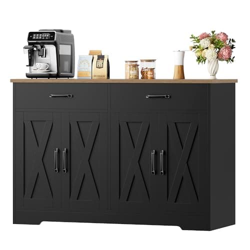 Image of HOCSOK Sideboard, 120cm Kitchen Cabinets with 2 Drawers, Wooden Storage Cupboard Cabinet for Kitchen, Living Room, Dining Room, Hallway, Black & Brown