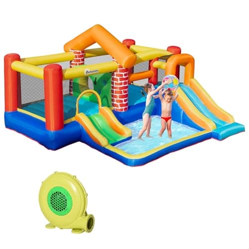 Image of Outsunny 4 in 1 Kids Bouncy Castle Extra Large Double Slides & Trampoline Design Inflatable House Pool Climbing Wall with Blower Carrybag for Kids Age 3-8, 3.8 x 3.7 x 2.3m